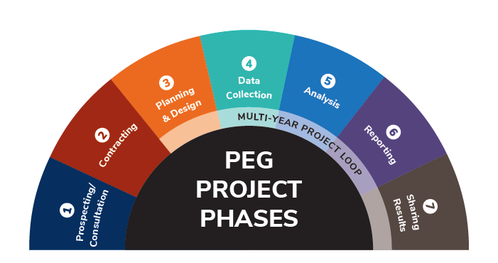 PEG Project Phases 1. Prospecting/Consultation 2. Contracting (begin Multi-Year Project Loop) 3. Planning & Design 4. Data Collection 5. Analysis 6. Reporting 7. Sharing Results