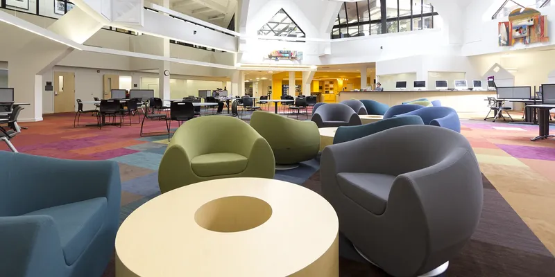 The colorful SSW atrium during the daytime.