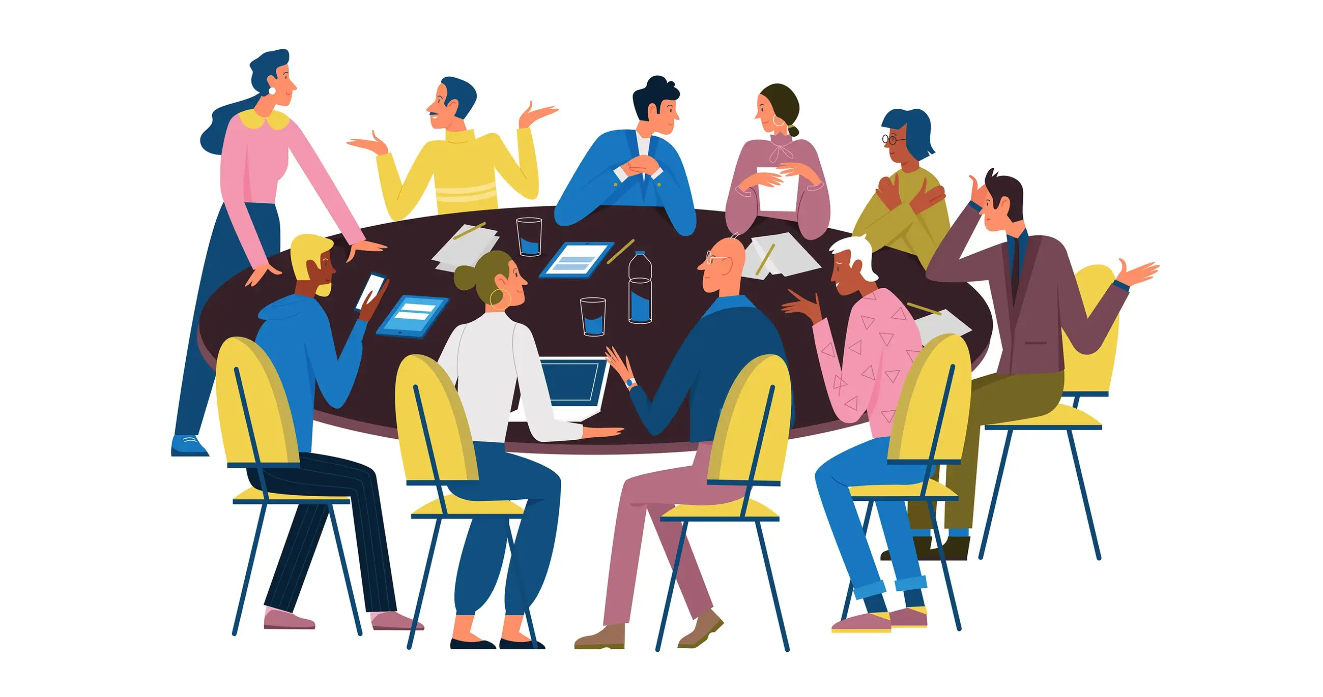 Illustration of people talking in a work setting around a table.