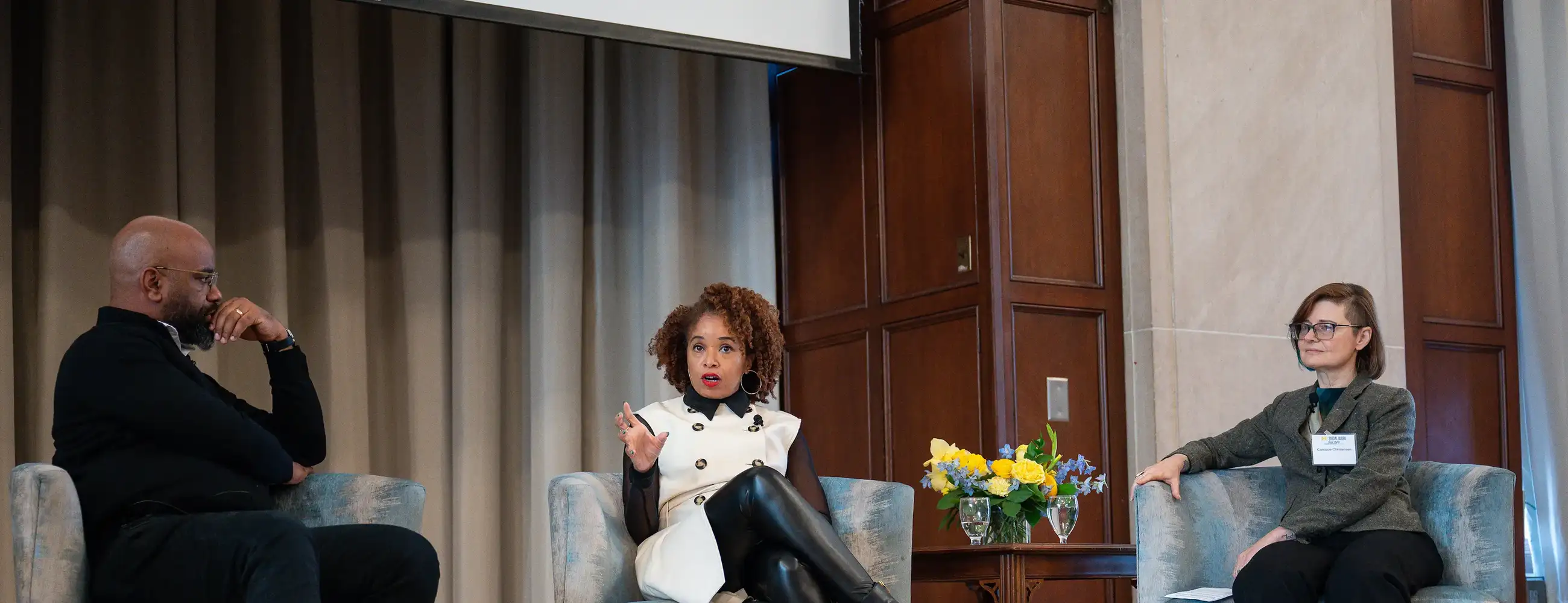 Nikole Hannah-Jones speaking on-stage at the 2024 Social Justice Changemaker Lecture