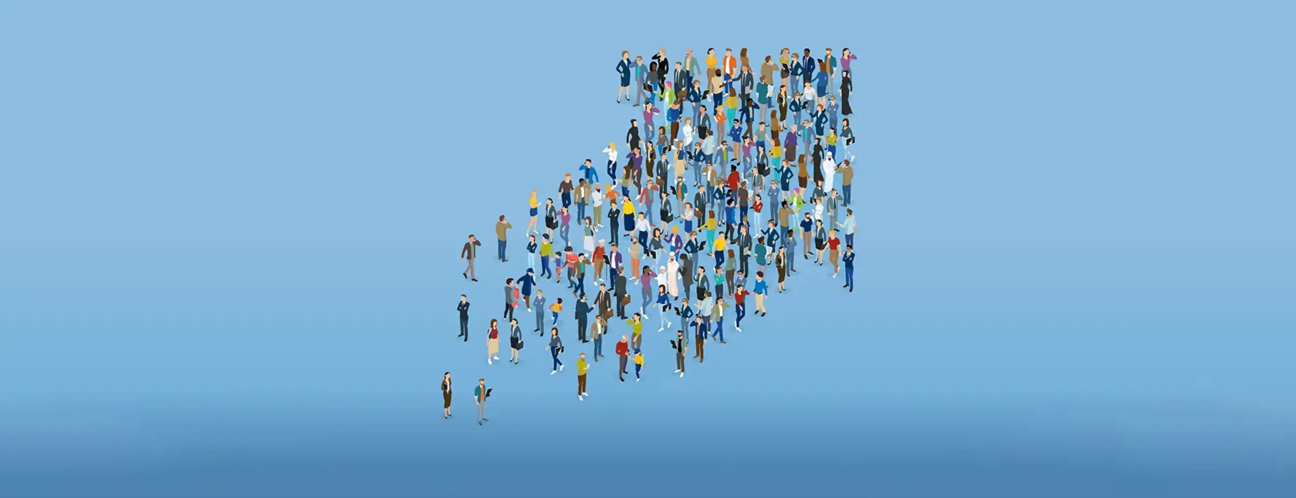 An abstraction illustration of people standing together in the shape of an arrow pointing upwards.