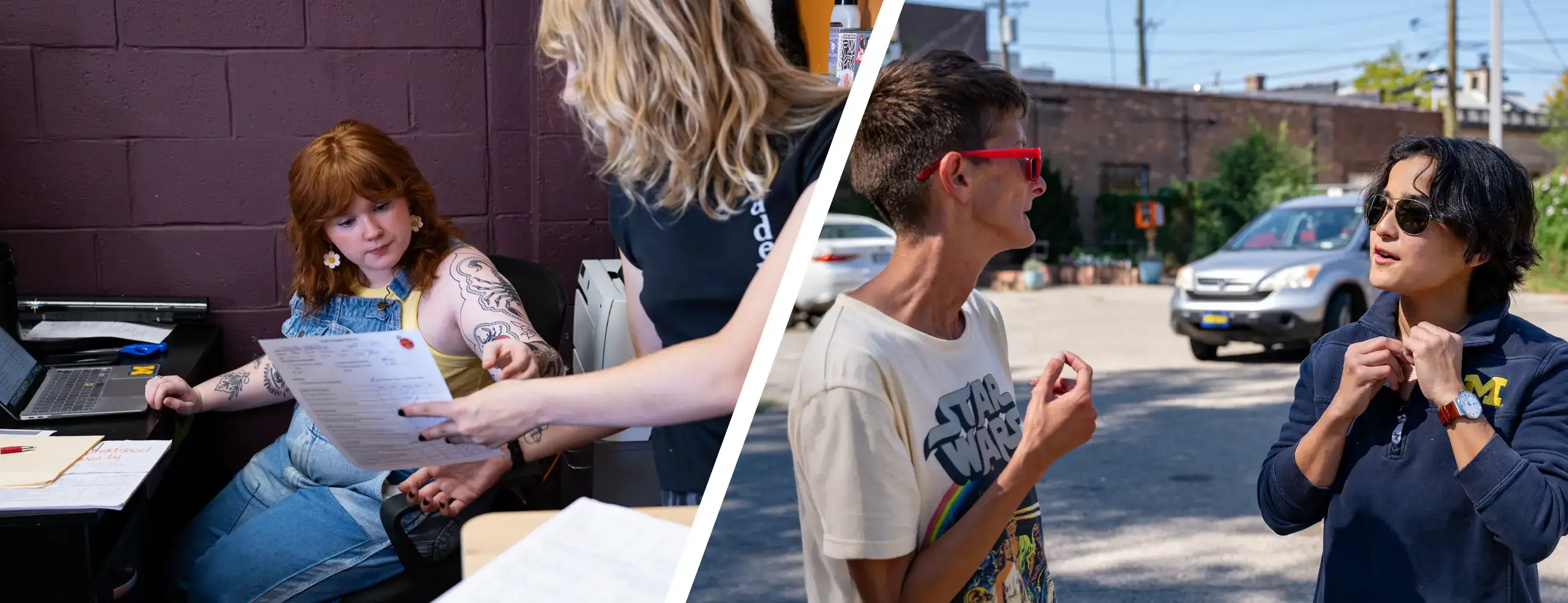 Two scenes from a field placement: on the left, a social work student reviews paperwork with a supervisor indoors; on the right, a student in conversation with a community member outdoors.