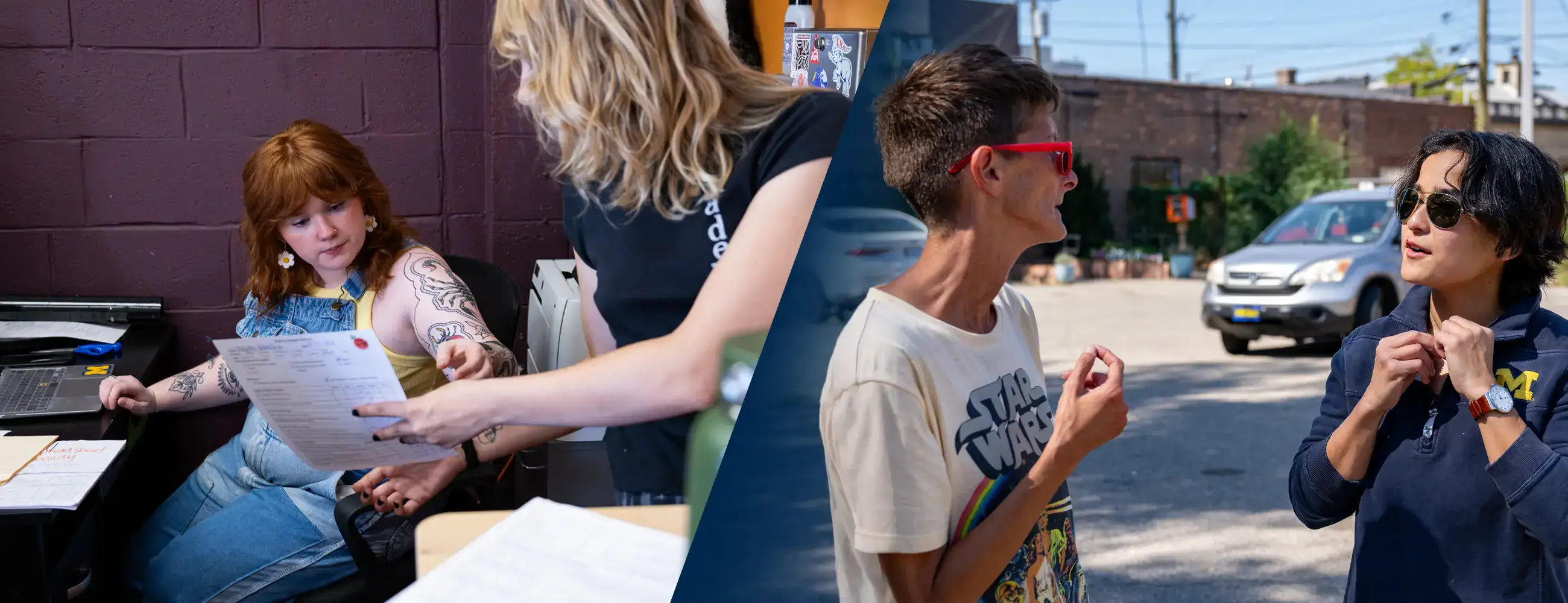 Two scenes from a field placement: on the left, a social work student reviews paperwork with a supervisor indoors; on the right, a student in conversation with a community member outdoors.