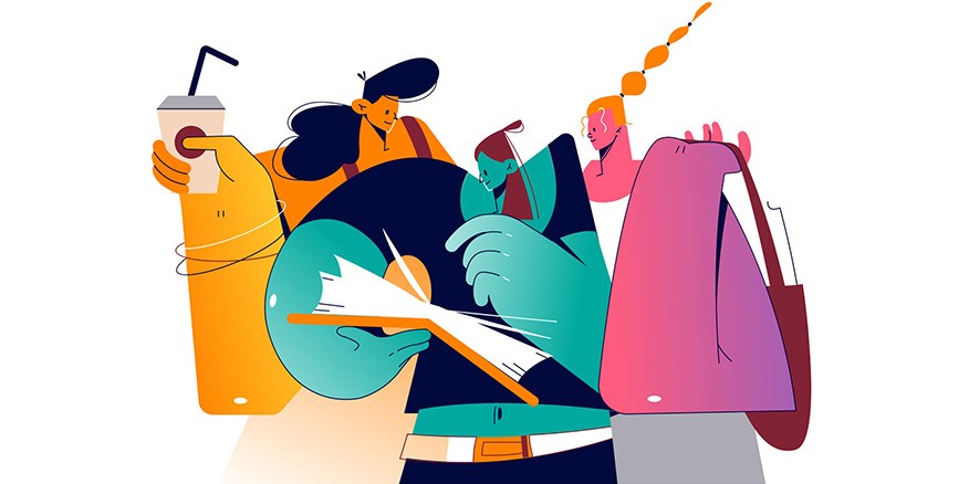 ho is yellow holding a coffee, one blue who is pointing at a book, one pink holding a bag.
