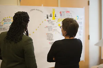 Two people examining information on a whiteboard