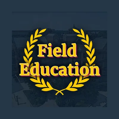 The words "Field Education" in maize on a navy blue background surrounded by laurels, also in maize.