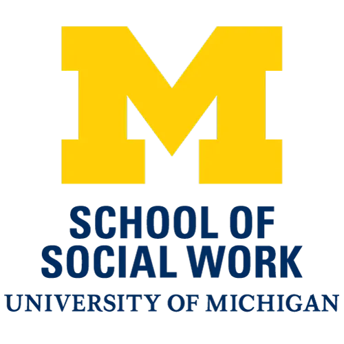 Maize colored Block M. Blue text underneath that reads School of Social Work University of Michigan