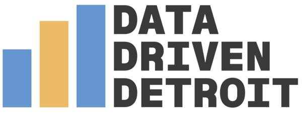 Data Driven Detroit logo featuring three vertical bars in blue and gold resembling a bar chart, with the words “Data Driven Detroit” in bold black text to the right.