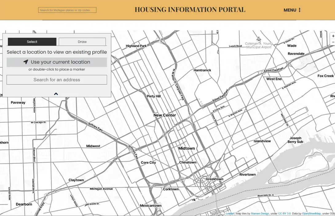 A digital map of Detroit, Michigan displayed in the Housing Information Portal interface. The map highlights neighborhoods such as Midtown, Corktown, New Center, and Greektown, with a search panel overlay allowing users to select or draw a location, use their current location, or search for an address to view housing data.